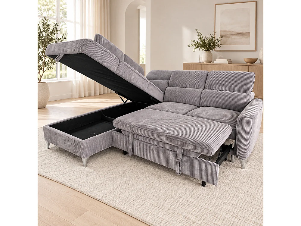 Canapé d'angle gauche convertible avec coffre en tissu côtelé gris – Bari
