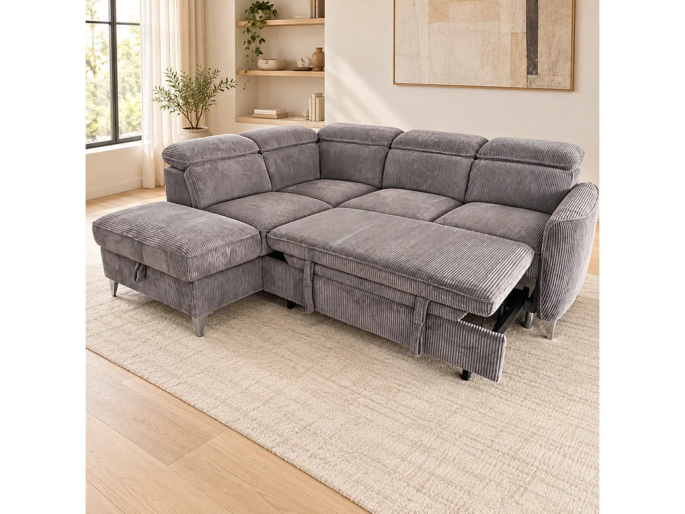 Canapé d'angle gauche convertible avec coffre en tissu côtelé gris – Bari
