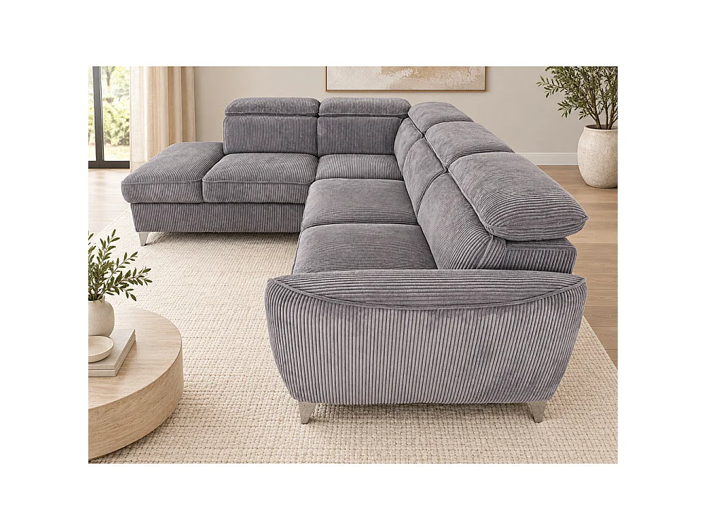 Canapé d'angle gauche convertible avec coffre en tissu côtelé gris – Bari