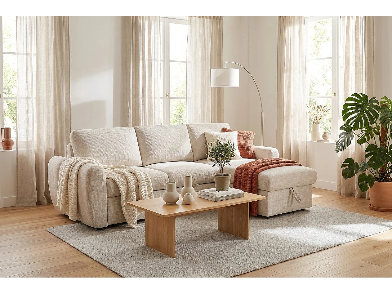 Canapé d'angle gauche convertible en tissu Cremona beige 238 x 160 cm – Cuba