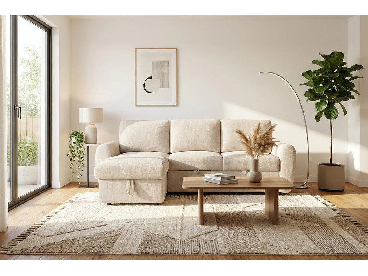 Canapé d'angle gauche convertible en tissu Cremona beige 238 x 160 cm – Cuba
