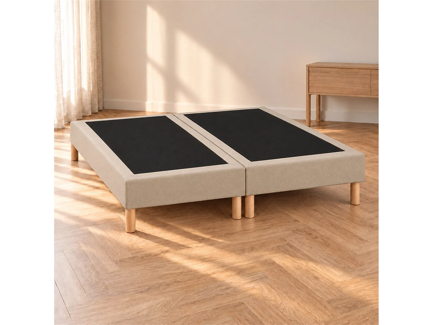 Lot de 2 sommiers tapissiers déco 90x200 cm Beige - 180x200 - Hauteur 35 cm - pieds inclus