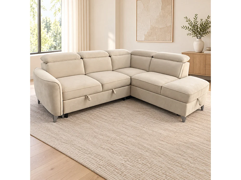 Canapé d'angle droit convertible avec coffre en velours beige – Bari