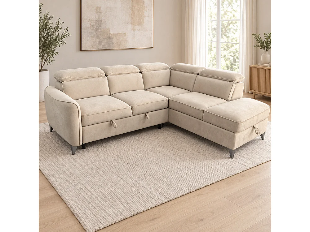 Canapé d'angle droit convertible avec coffre en velours beige – Bari