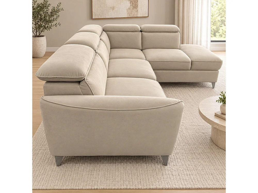Canapé d'angle droit convertible avec coffre en velours beige – Bari