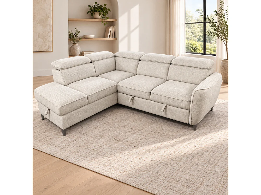 Canapé d'angle gauche convertible avec coffre en tissu Cremona beige – Bari