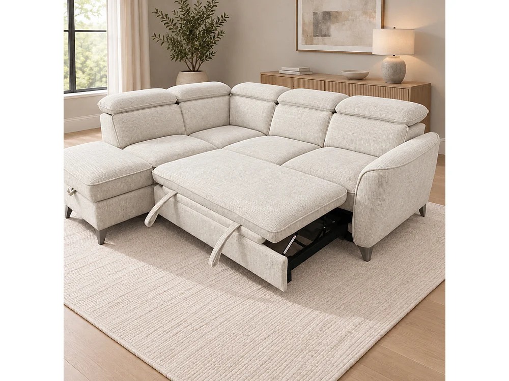 Canapé d'angle gauche convertible avec coffre en tissu Cremona beige – Bari