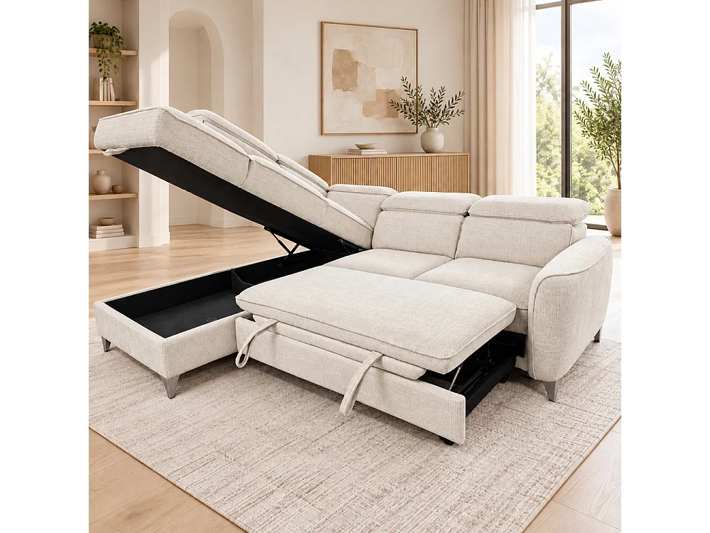 Canapé d'angle gauche convertible avec coffre en tissu Cremona beige – Bari