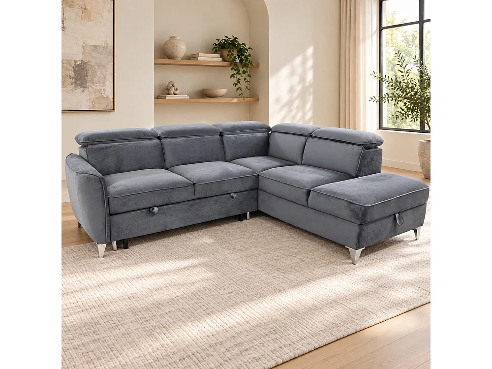 Canapé d'angle droit convertible avec coffre en velours anthracite – Bari