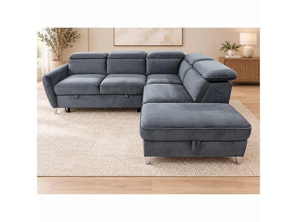 Canapé d'angle droit convertible avec coffre en velours anthracite – Bari