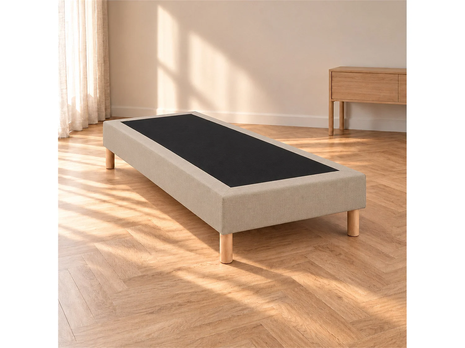 Sommier tapissier déco 90x200 cm Beige - Hauteur 35 cm - Caisse 20 cm - Pieds inclus