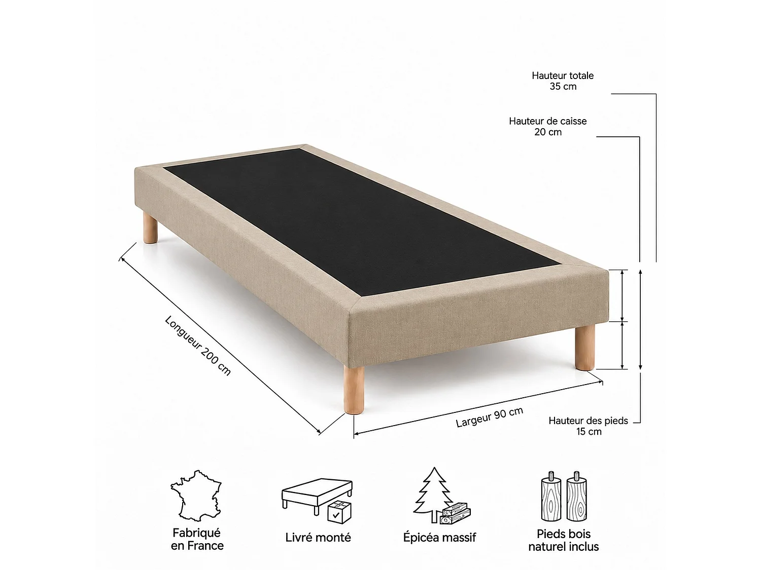 Sommier tapissier déco 90x200 cm Beige - Hauteur 35 cm - Caisse 20 cm - Pieds inclus