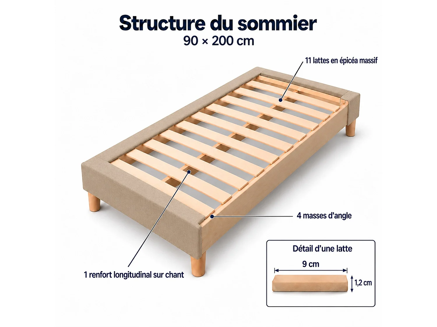 Sommier tapissier déco 90x200 cm Beige - Hauteur 35 cm - Caisse 20 cm - Pieds inclus