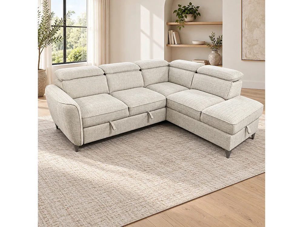 Canapé d'angle droit convertible avec coffre en tissu Cremona beige – Bari