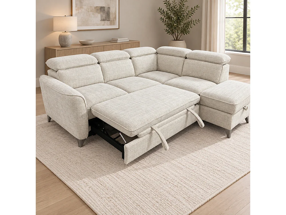 Canapé d'angle droit convertible avec coffre en tissu Cremona beige – Bari