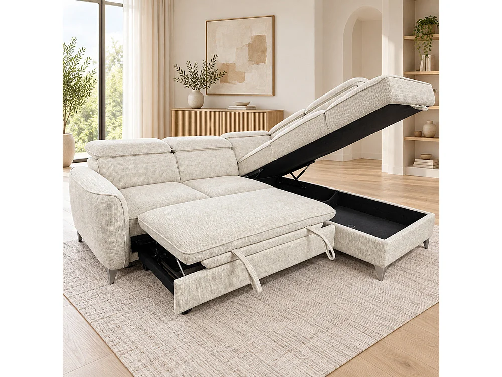 Canapé d'angle droit convertible avec coffre en tissu Cremona beige – Bari