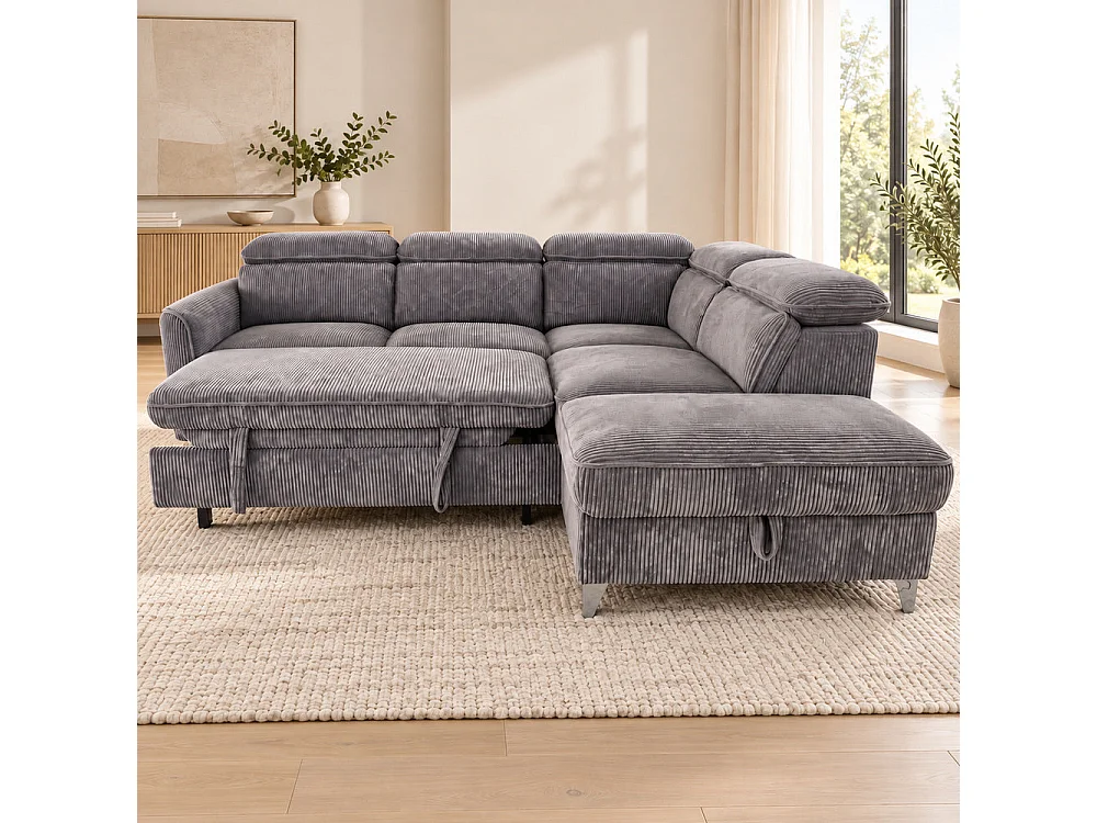 Canapé d'angle droit convertible avec coffre en tissu côtelé gris – Bari