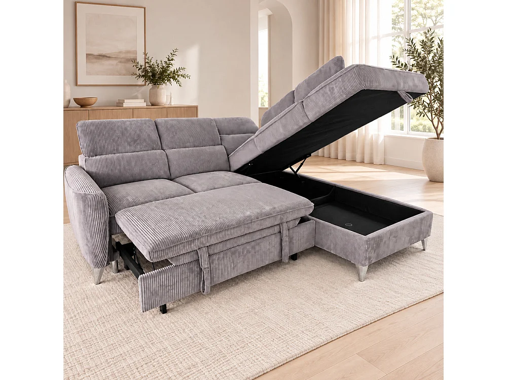 Canapé d'angle droit convertible avec coffre en tissu côtelé gris – Bari