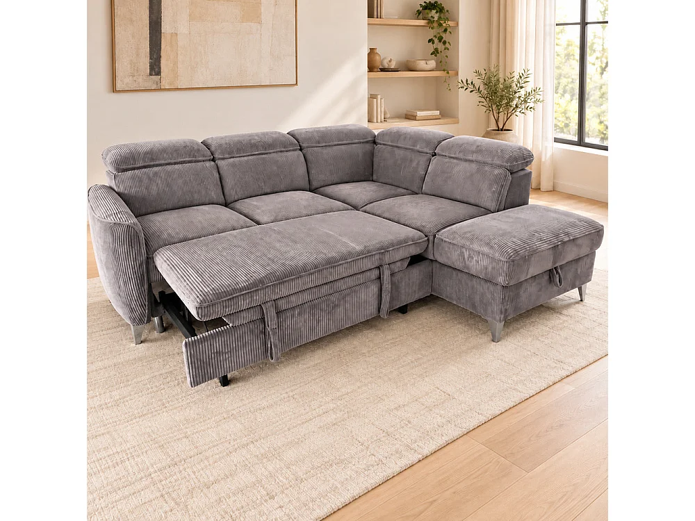 Canapé d'angle droit convertible avec coffre en tissu côtelé gris – Bari