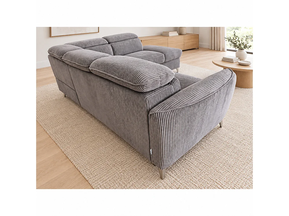 Canapé d'angle droit convertible avec coffre en tissu côtelé gris – Bari
