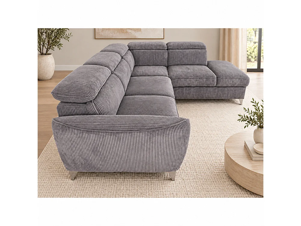 Canapé d'angle droit convertible avec coffre en tissu côtelé gris – Bari