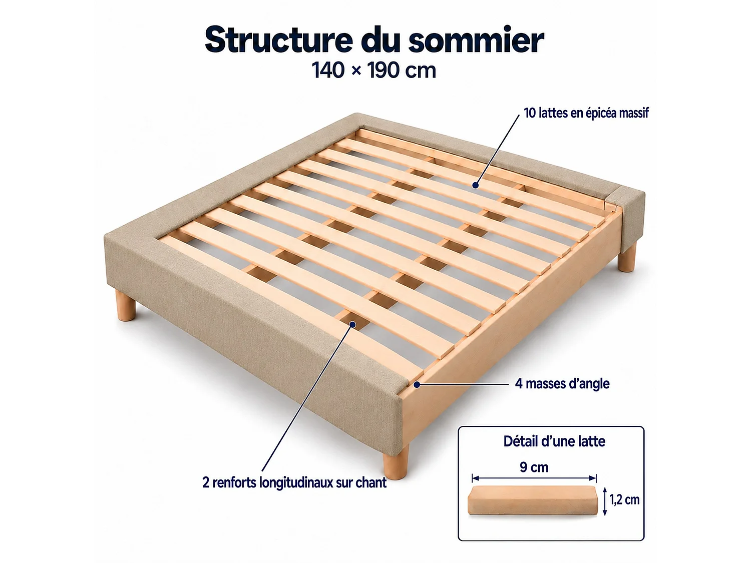 Sommier tapissier déco 140x190 cm Beige - Hauteur 35 cm - Caisse 20 cm - Pieds inclus