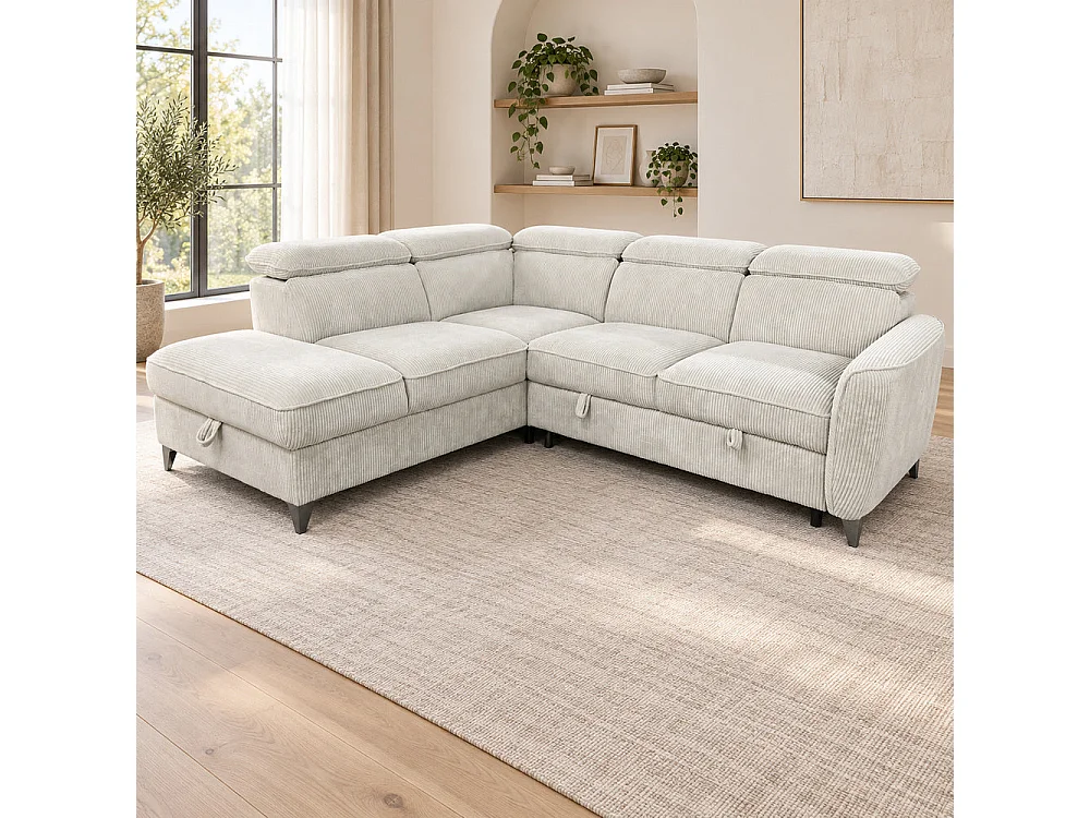 Canapé d'angle gauche convertible avec coffre en tissu côtelé beige – Bari