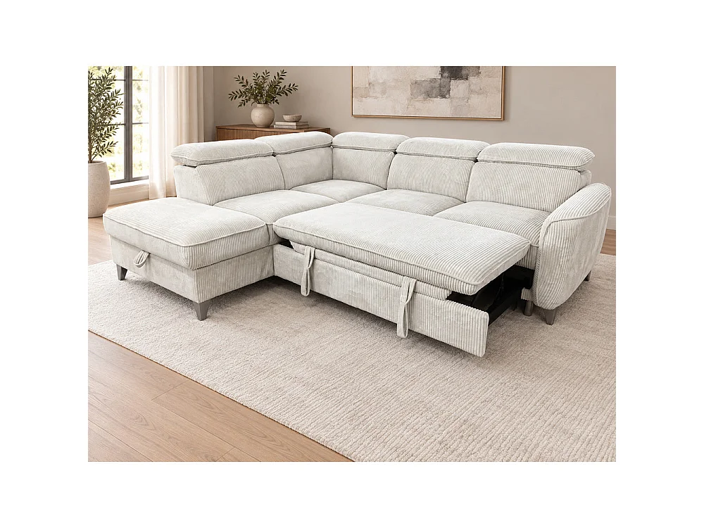 Canapé d'angle gauche convertible avec coffre en tissu côtelé beige – Bari