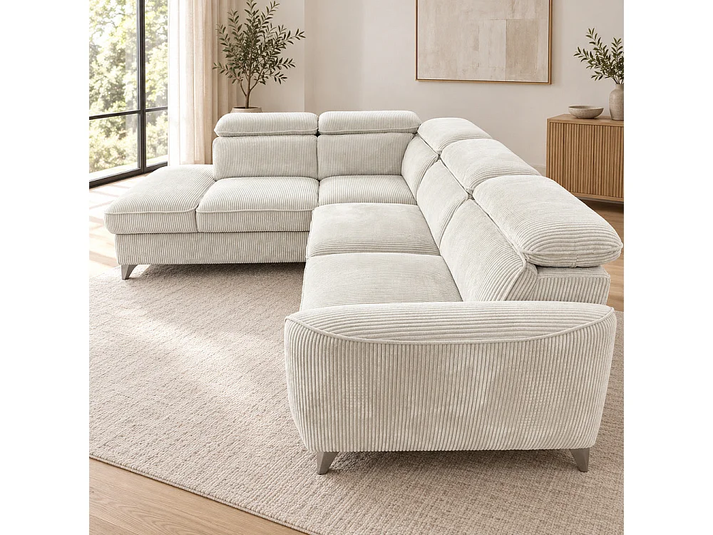 Canapé d'angle gauche convertible avec coffre en tissu côtelé beige – Bari