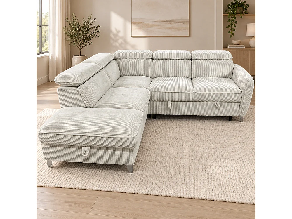 Canapé d'angle gauche convertible avec coffre en tissu côtelé beige – Bari