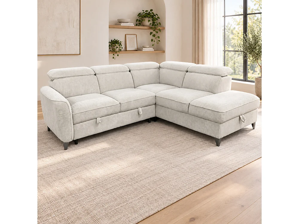 Canapé d'angle droit convertible avec coffre en tissu côtelé beige – Bari