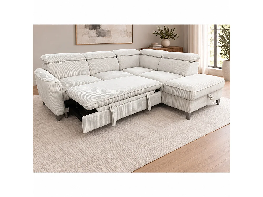 Canapé d'angle droit convertible avec coffre en tissu côtelé beige – Bari