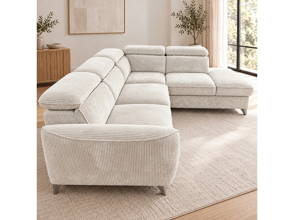 Canapé d'angle droit convertible avec coffre en tissu côtelé beige – Bari