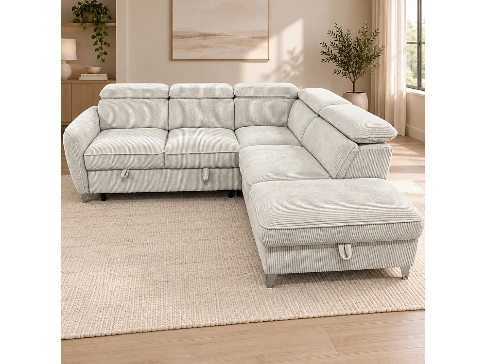 Canapé d'angle droit convertible avec coffre en tissu côtelé beige – Bari