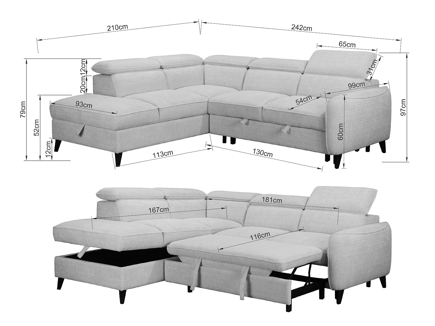 Canapé d'angle droit convertible avec coffre en tissu côtelé beige – Bari
