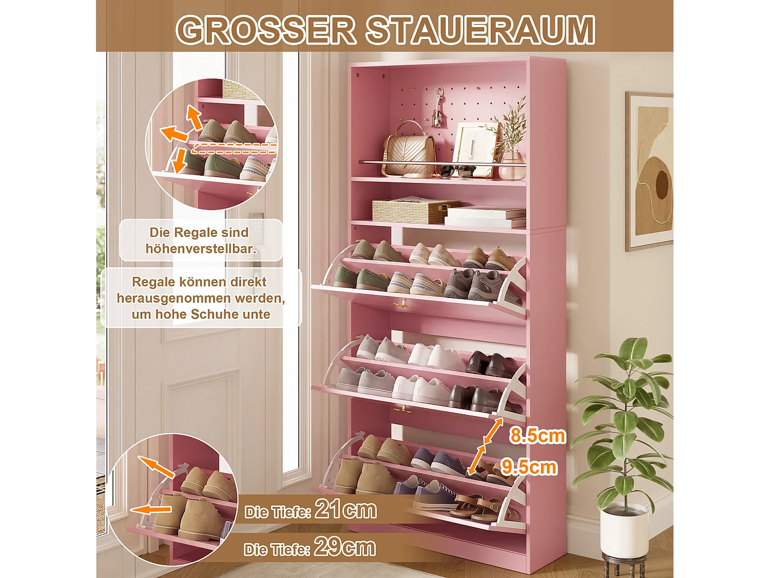 Meuble à chaussures rose étroit avec 3 compartiments rabattables, 2 étagères ouvertes et panneau perforé, 80 x 24 x 178,5 cm
