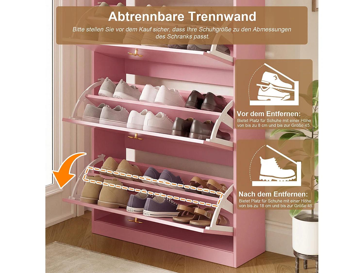 Meuble à chaussures rose étroit avec 3 compartiments rabattables, 2 étagères ouvertes et panneau perforé, 80 x 24 x 178,5 cm