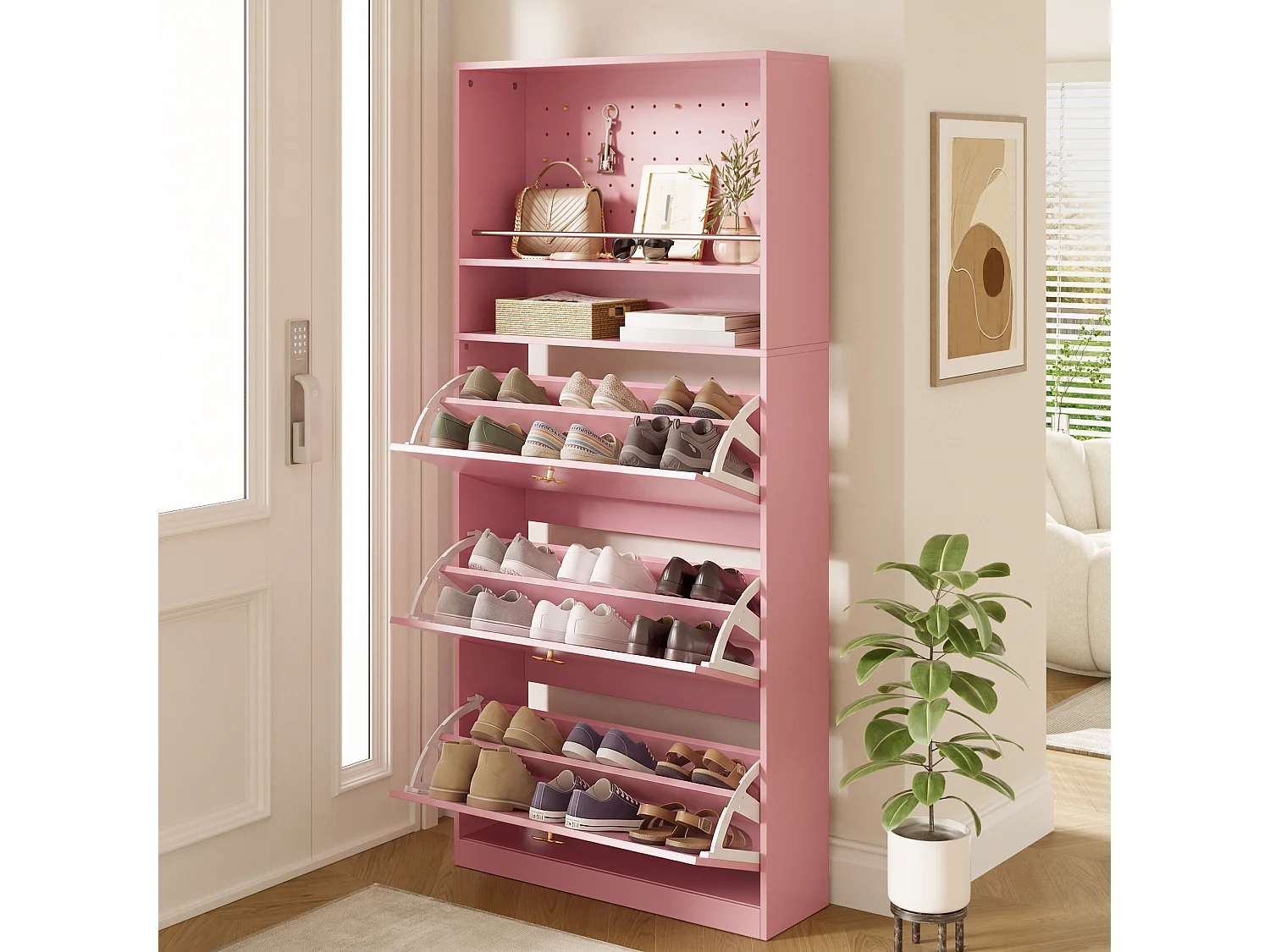 Meuble à chaussures rose étroit avec 3 compartiments rabattables, 2 étagères ouvertes et panneau perforé, 80 x 24 x 178,5 cm