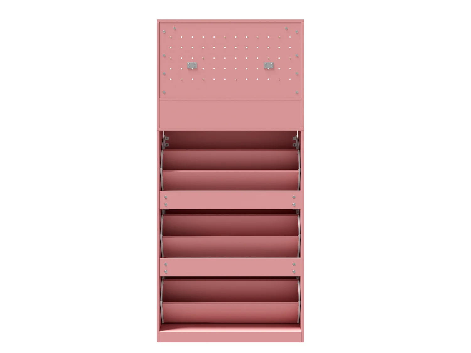 Meuble à chaussures rose étroit avec 3 compartiments rabattables, 2 étagères ouvertes et panneau perforé, 80 x 24 x 178,5 cm