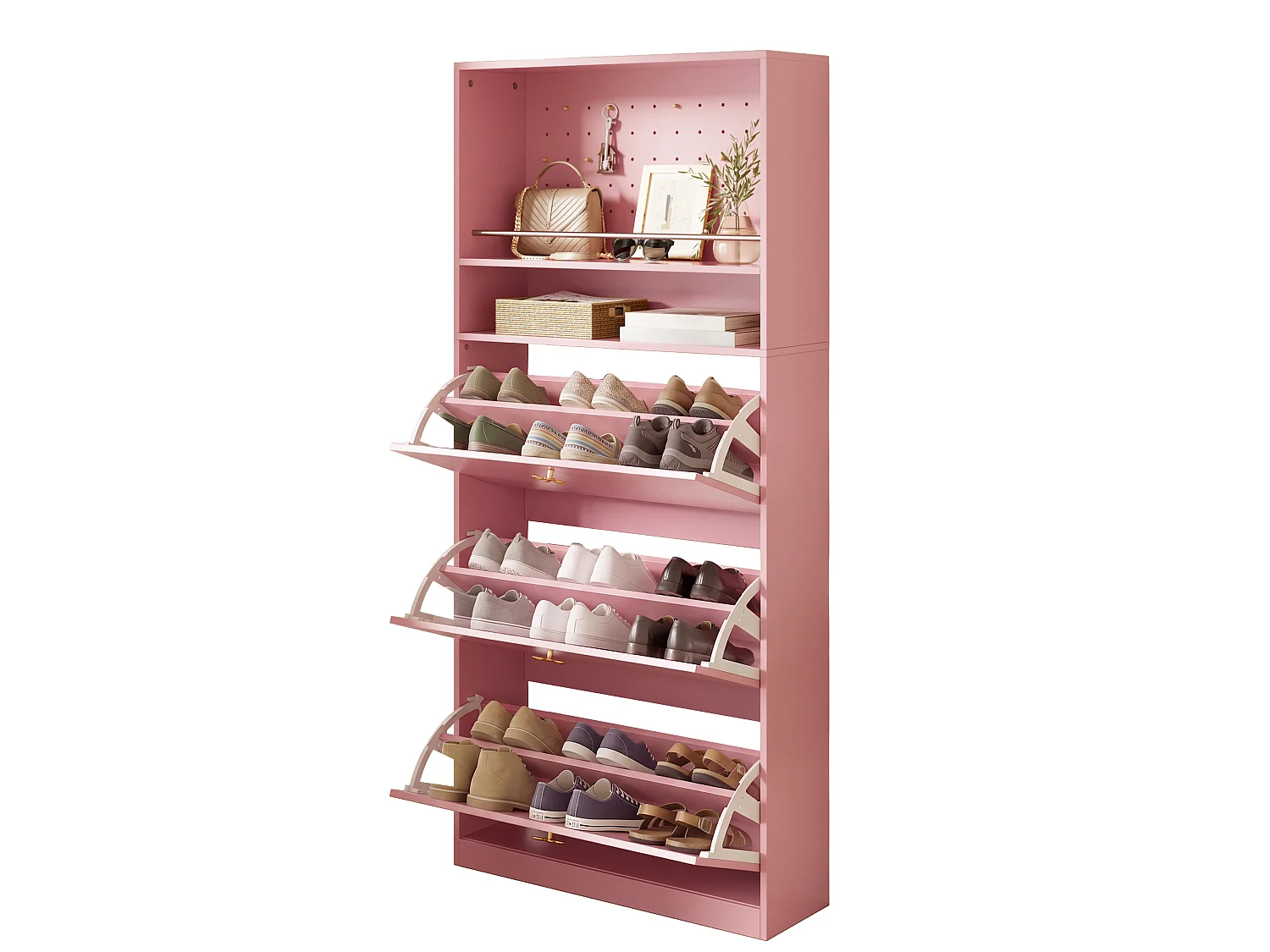 Meuble à chaussures rose étroit avec 3 compartiments rabattables, 2 étagères ouvertes et panneau perforé, 80 x 24 x 178,5 cm