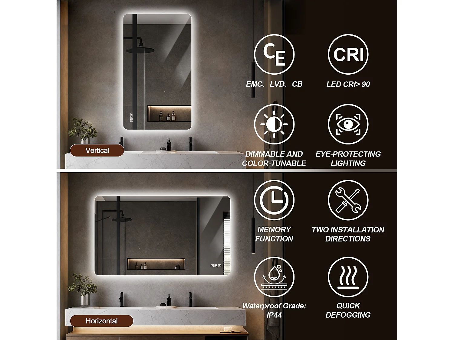 Miroir de salle de bain LED rétroéclairé 100 x 60 cm, antibuée, intensité variable
