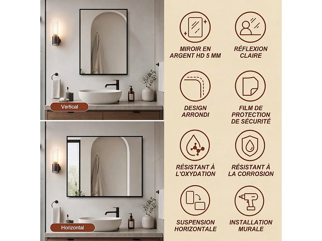 Miroir de salle de bain 50 x 70 cm avec cadre en aluminium noir