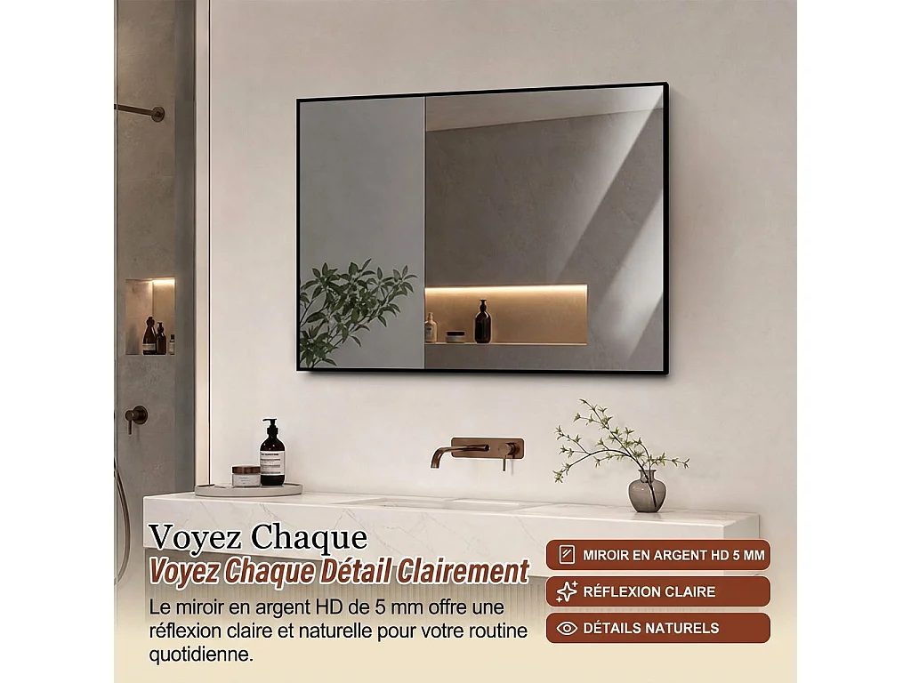 Miroir de salle de bain 50 x 70 cm avec cadre en aluminium noir