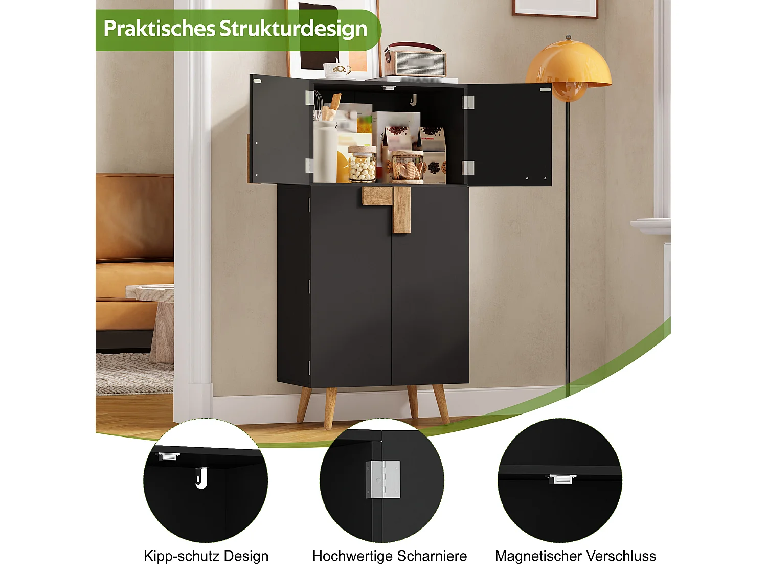 Meuble colonne de cuisine à 4 portes noir en MDF, étagères réglables, 60 x 35 x 120 cm