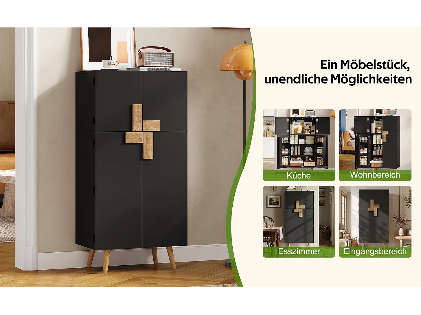 Meuble colonne de cuisine à 4 portes noir en MDF, étagères réglables, 60 x 35 x 120 cm