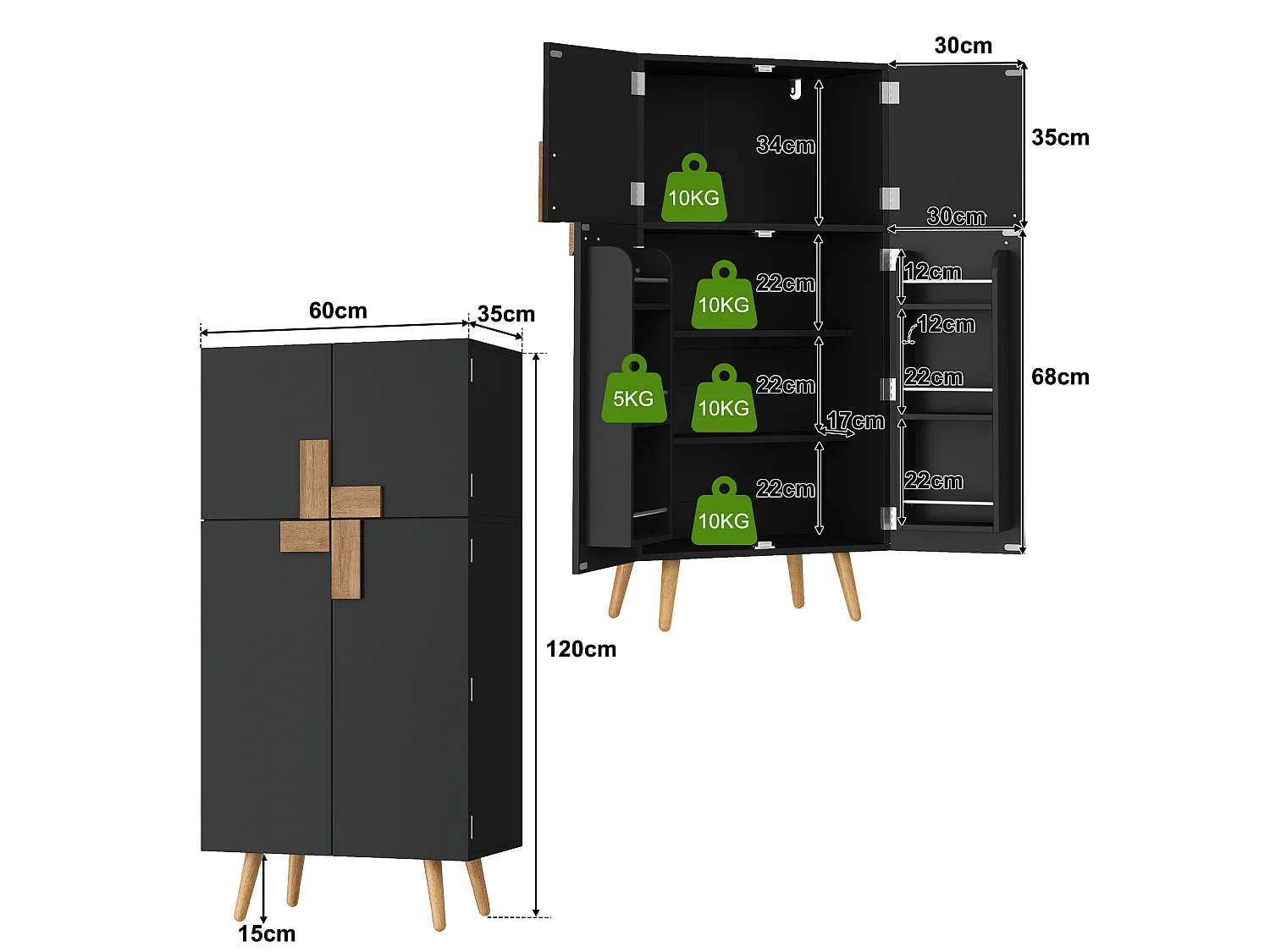 Meuble colonne de cuisine à 4 portes noir en MDF, étagères réglables, 60 x 35 x 120 cm