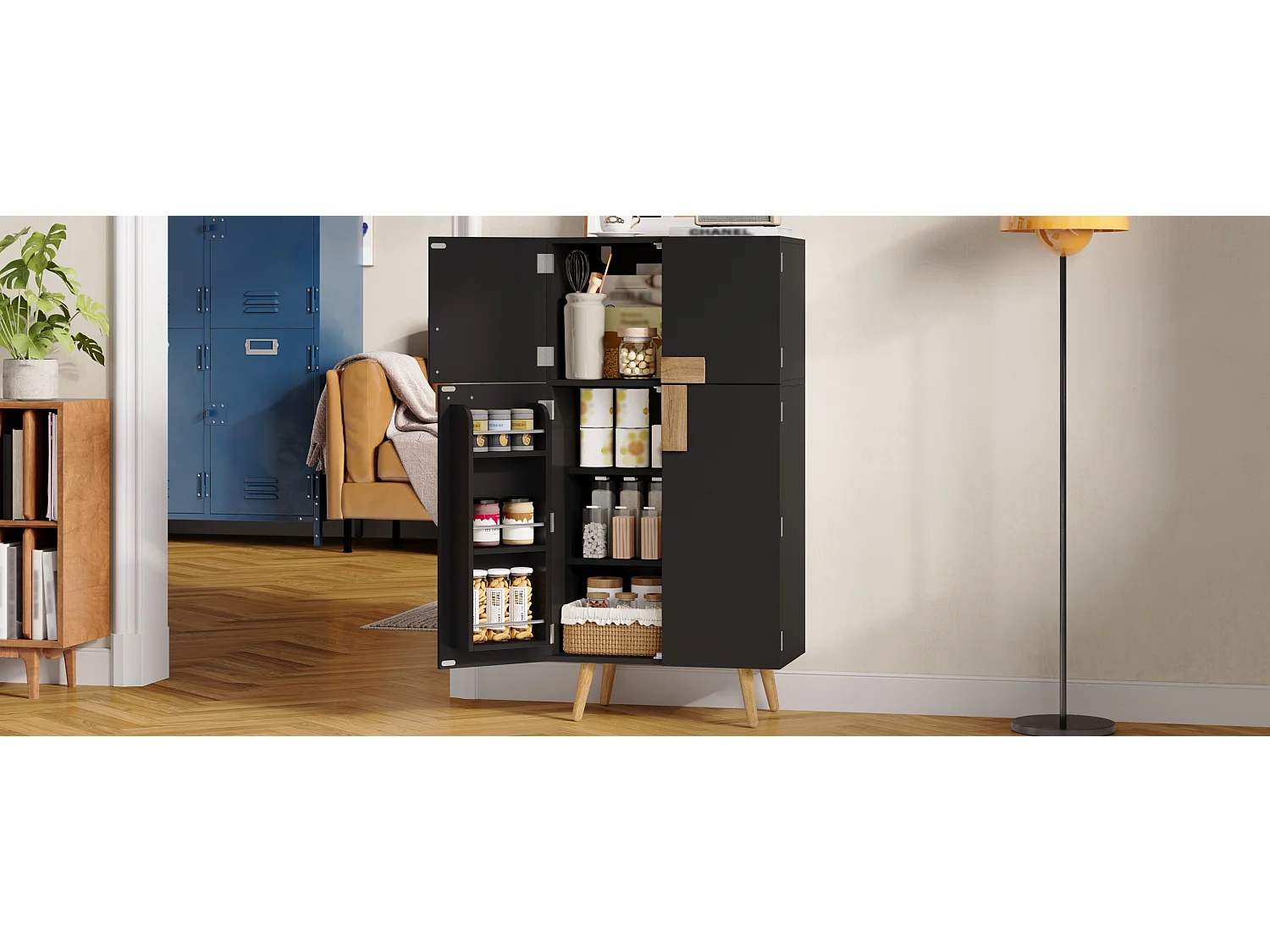Meuble colonne de cuisine à 4 portes noir en MDF, étagères réglables, 60 x 35 x 120 cm
