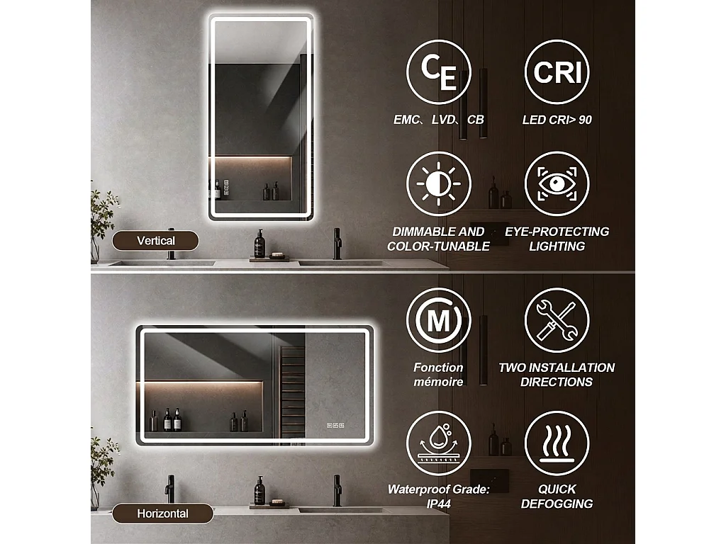 Miroir de salle de bain LED 60 x 120 cm sans cadre, antibuée, éclairage variable