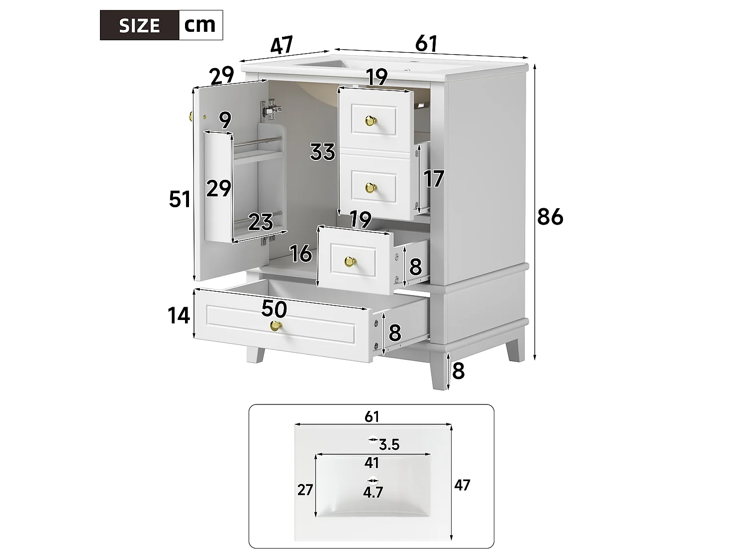 Meuble sous vasque blanc 61 cm avec trois tiroirs et porte