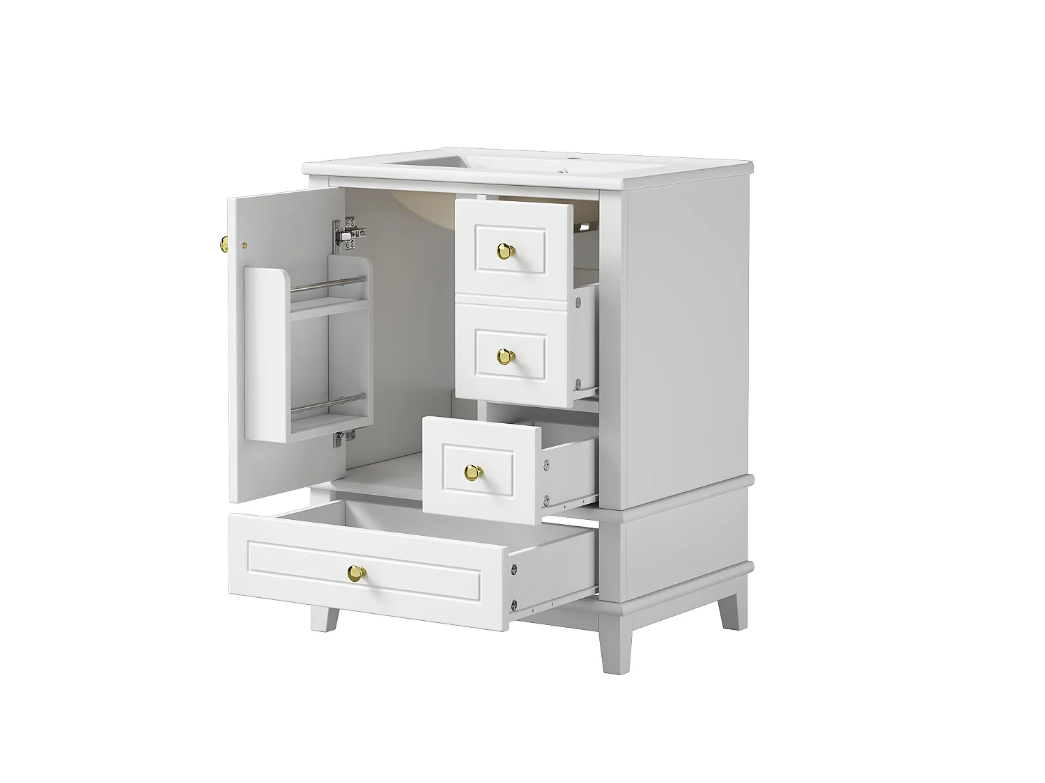 Meuble sous vasque blanc 61 cm avec trois tiroirs et porte